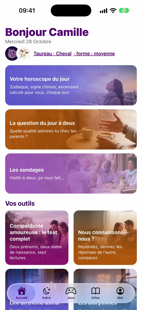 Capture d'écran de l'appli : Accueil 