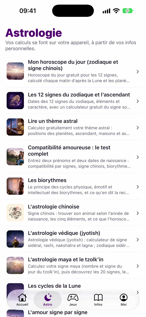 Capture d'écran de l'appli : Astro 