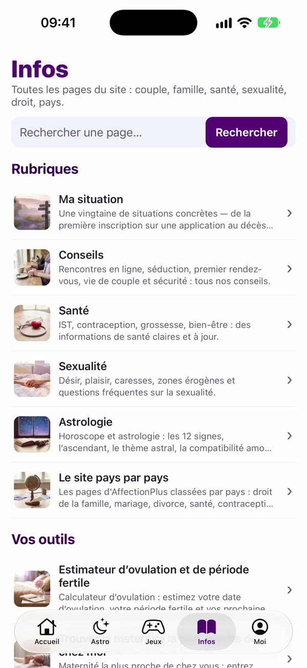 Capture d'écran de l'appli : Infos 