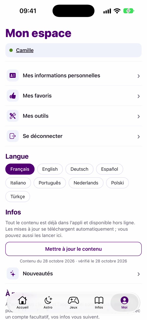 Capture d'écran de l'appli : Moi 