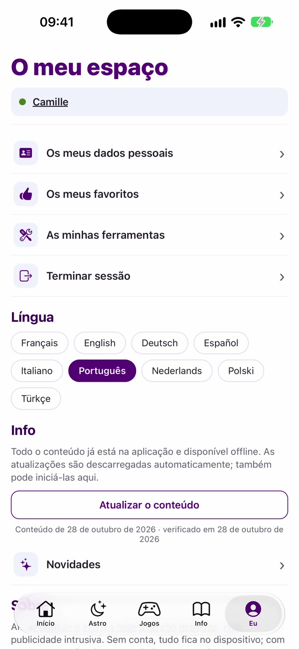 Captura de ecrã da app: Sem ligação e privacidade