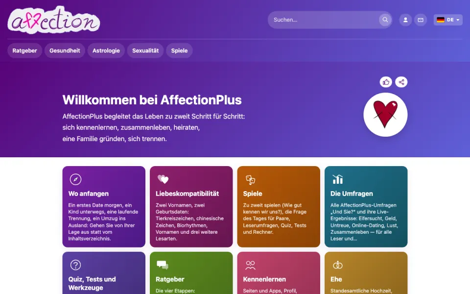 Screenshot der Startseite von AffectionPlus