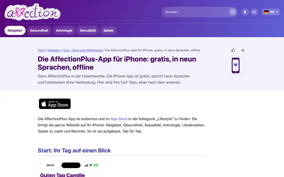 Screenshot der Seite zur iPhone-App von AffectionPlus