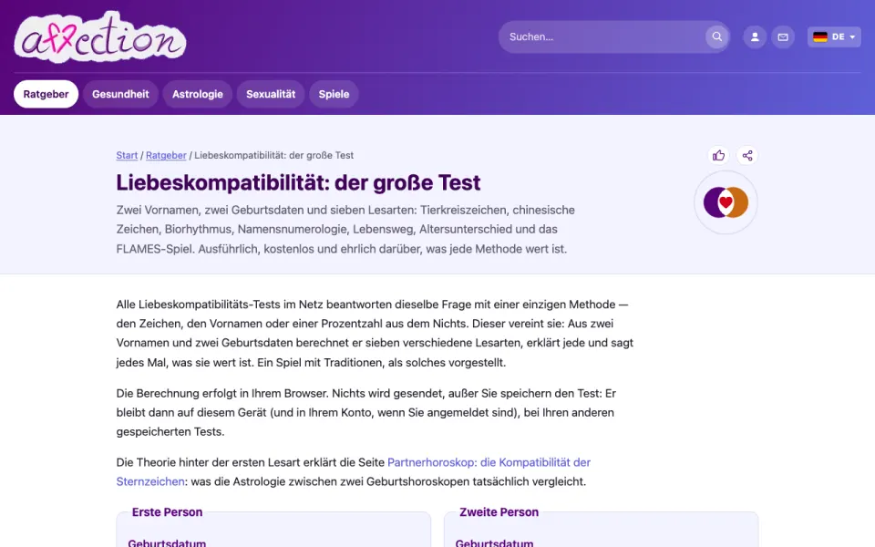 Screenshot des Tests zur Liebeskompatibilität von AffectionPlus
