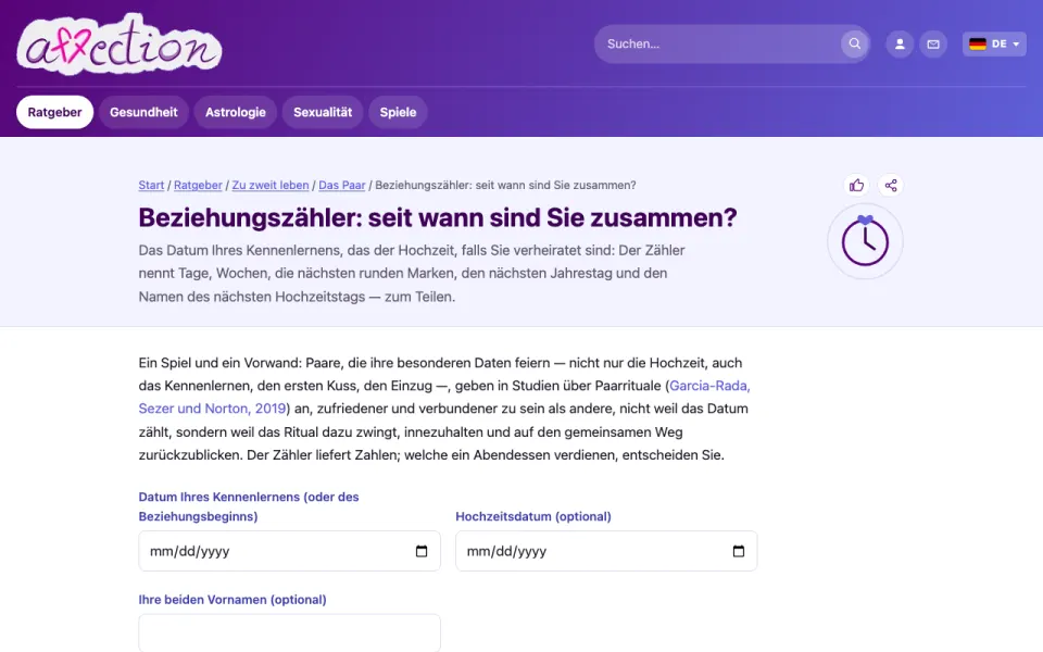 Screenshot des Beziehungszählers von AffectionPlus