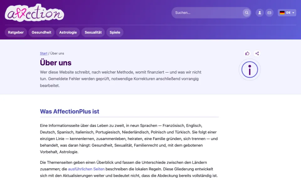 Screenshot der Seite Über uns von AffectionPlus