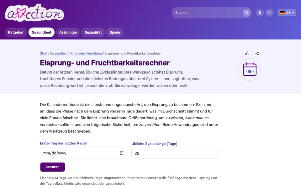 Screenshot des Eisprungrechners von AffectionPlus