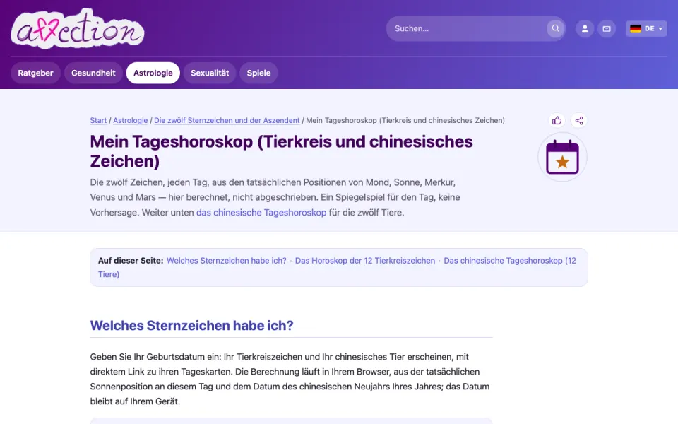 Screenshot des Tageshoroskops von AffectionPlus