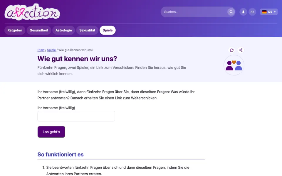 Screenshot des Paarspiels „Wie gut kennen wir uns?“ von AffectionPlus