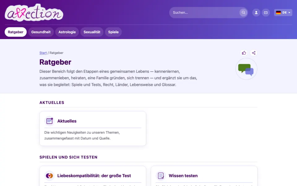 Screenshot der Rubrik Ratgeber von AffectionPlus