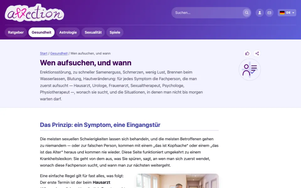 Screenshot des Tools „Wen aufsuchen?“ von AffectionPlus