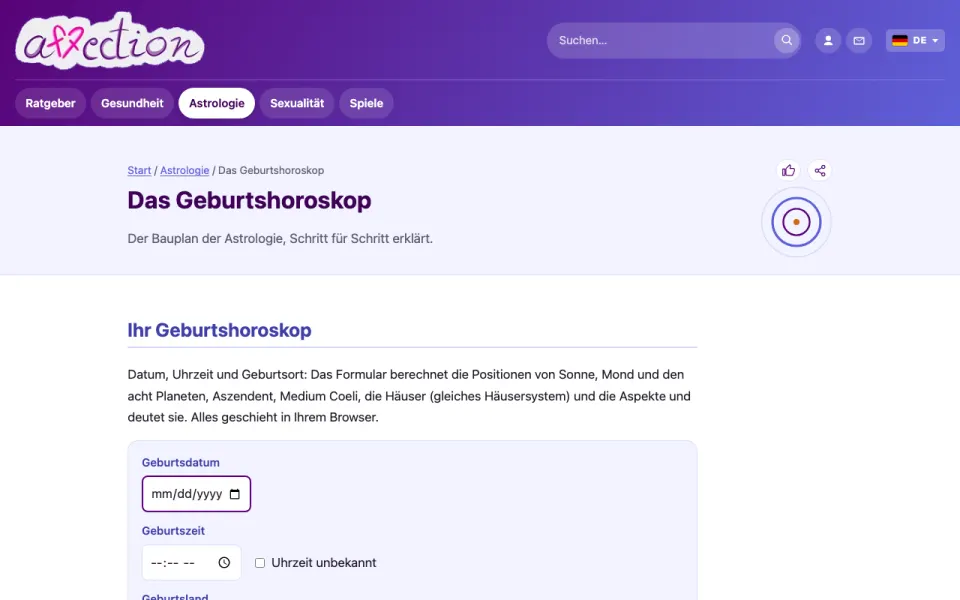 Screenshot des Geburtshoroskop-Tools von AffectionPlus