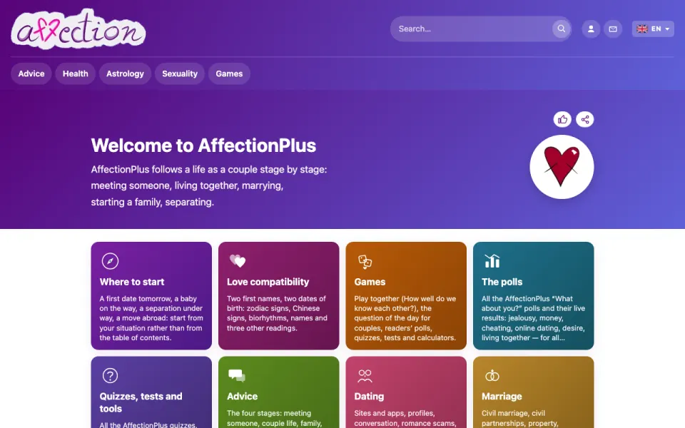 Screenshot of the AffectionPlus home page