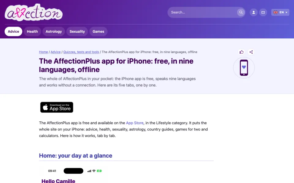 Screenshot of the AffectionPlus iPhone app page