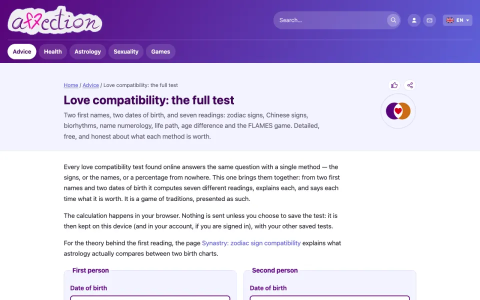 Screenshot of the AffectionPlus love compatibility test