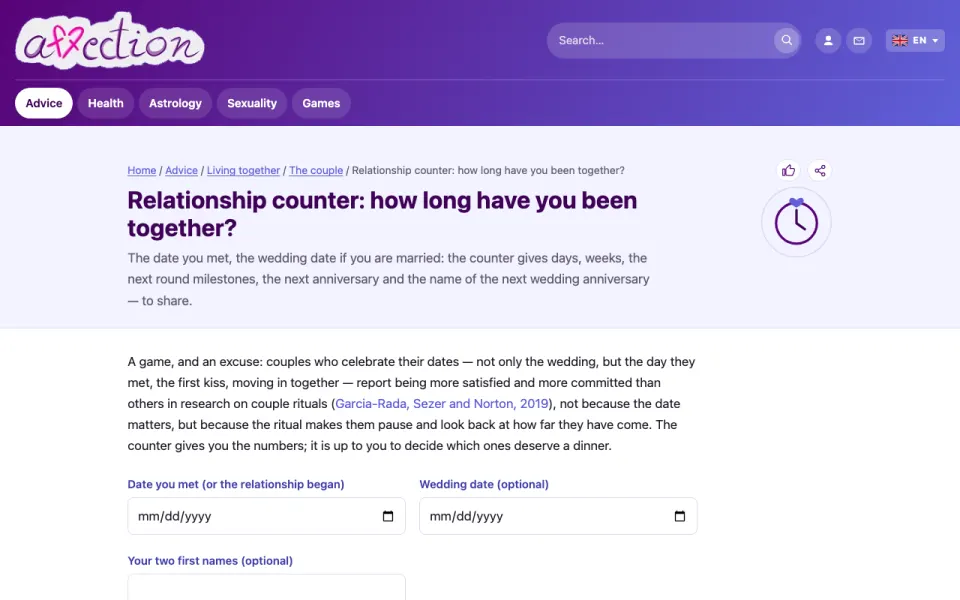Screenshot of the AffectionPlus relationship counter