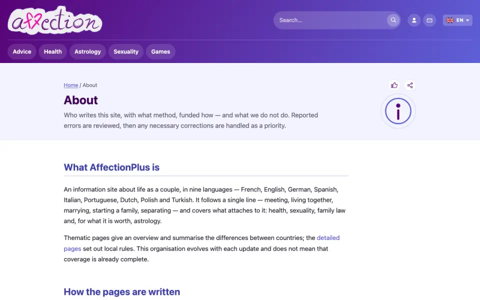 Screenshot of the AffectionPlus About page
