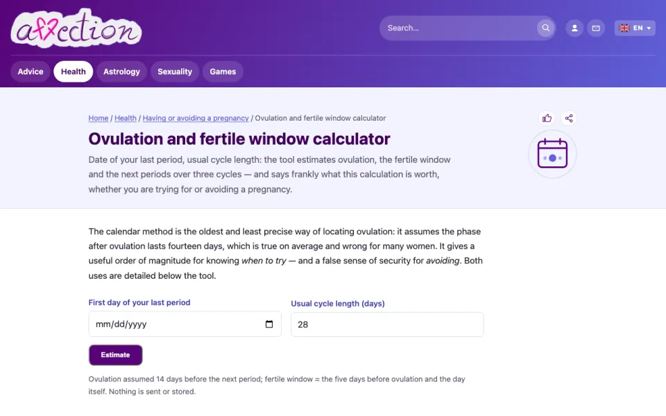 Screenshot of the AffectionPlus ovulation calculator