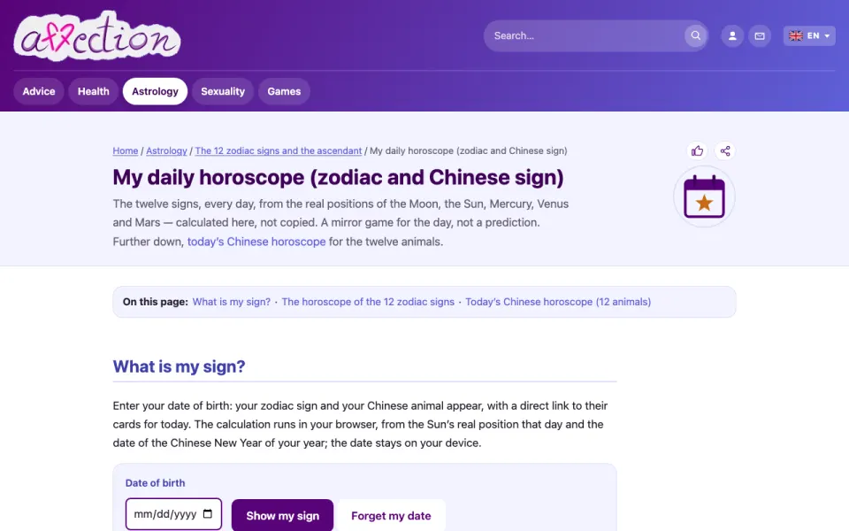 Screenshot of the AffectionPlus daily horoscope