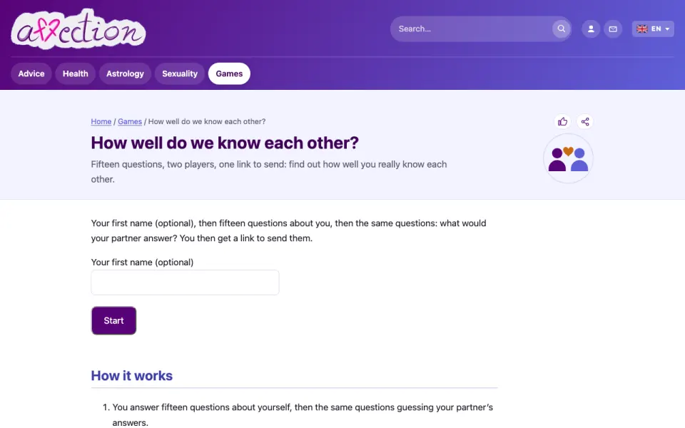 Screenshot of the AffectionPlus game for two "How well do we know each other?"