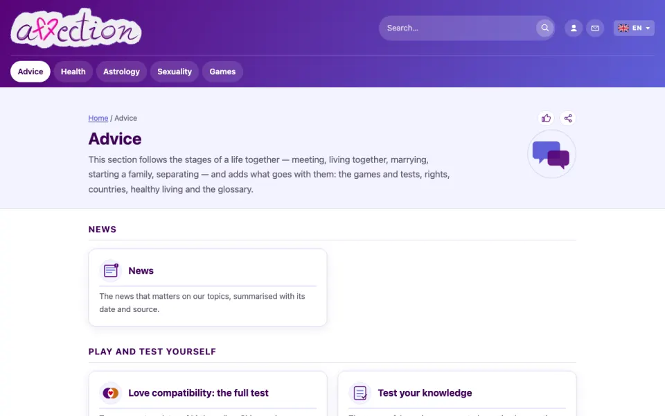 Screenshot of the Advice section of AffectionPlus