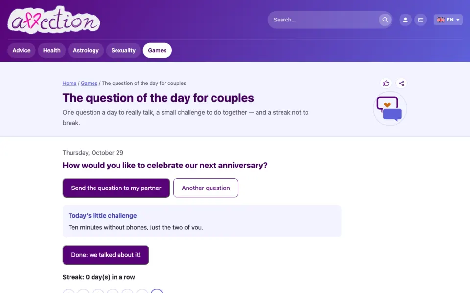 Screenshot of the AffectionPlus question of the day