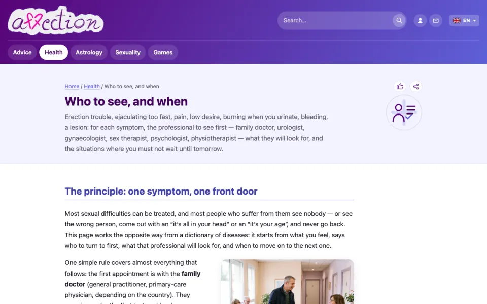 Screenshot of the AffectionPlus "Who to see" tool
