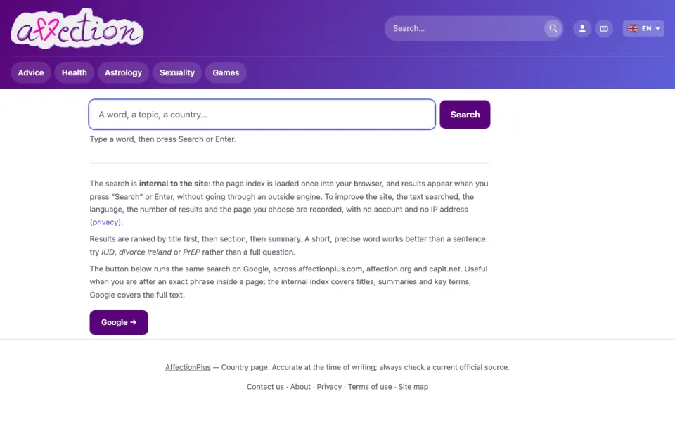 Screenshot of the AffectionPlus search page