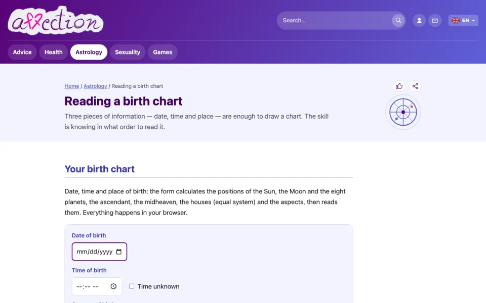 Screenshot of the AffectionPlus birth chart tool