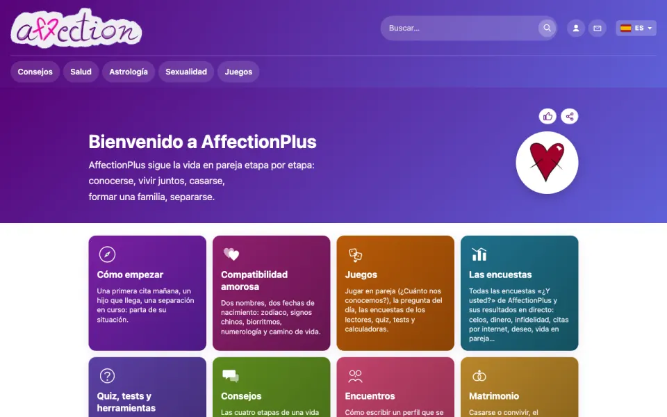 Captura de pantalla de la página de inicio de AffectionPlus