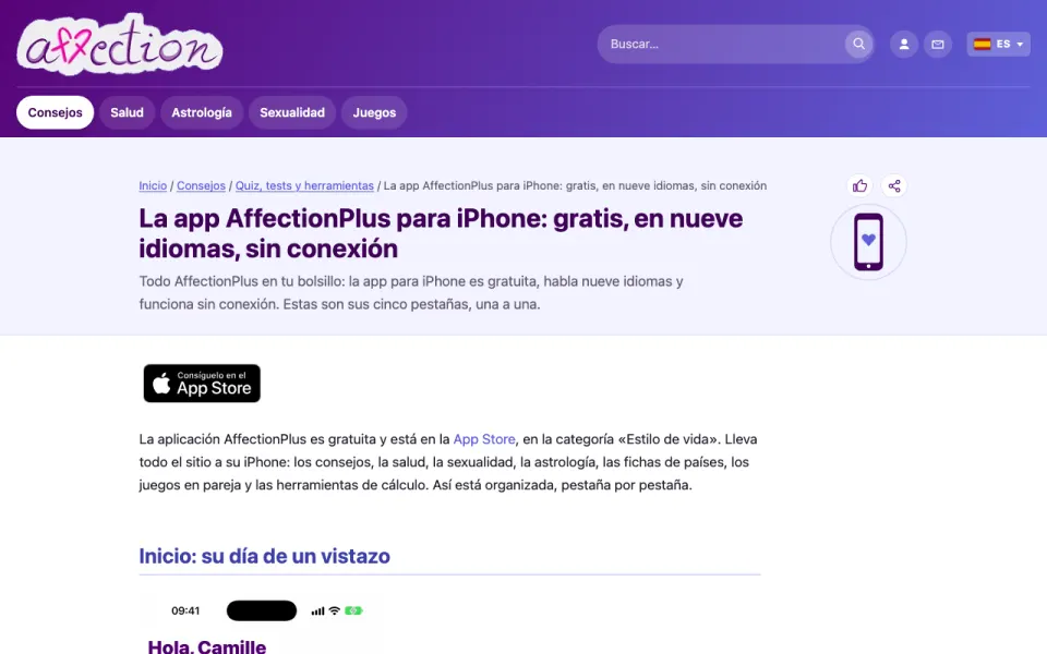 Captura de pantalla de la página de la app para iPhone de AffectionPlus