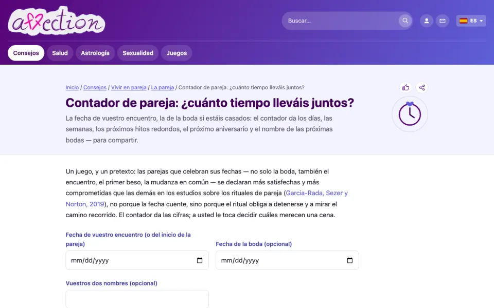Captura de pantalla del contador de pareja de AffectionPlus