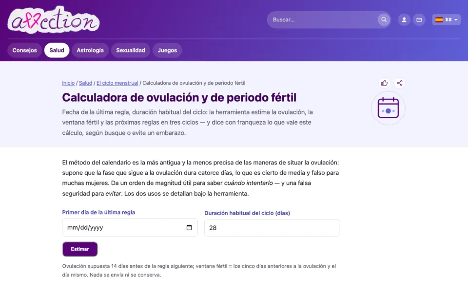 Captura de pantalla de la calculadora de ovulación de AffectionPlus