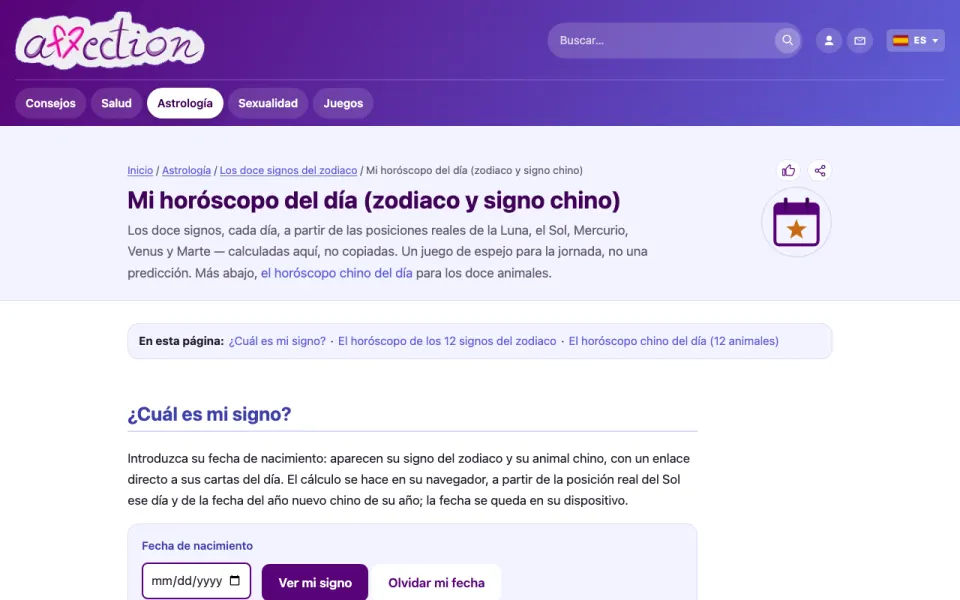 Captura de pantalla del horóscopo del día de AffectionPlus