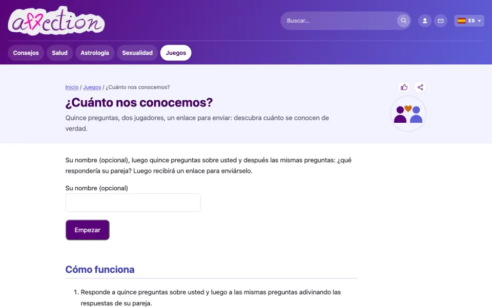 Captura de pantalla del juego en pareja «¿Cuánto nos conocemos?» de AffectionPlus