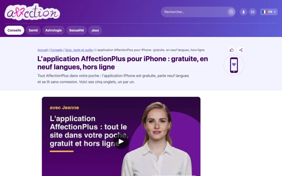 Capture d'écran de la page de l'appli iPhone d'AffectionPlus