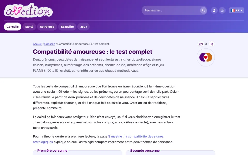 Capture d'écran du test de compatibilité amoureuse d'AffectionPlus
