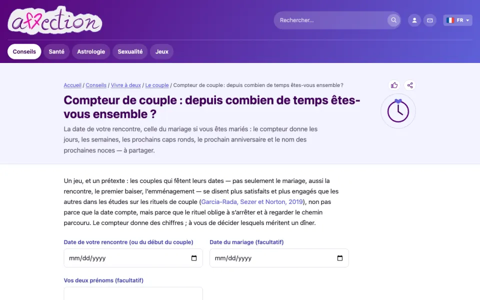 Capture d'écran du compteur de couple d'AffectionPlus