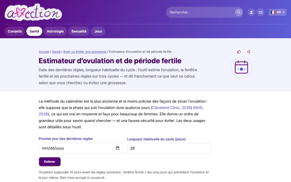 Capture d'écran de l'estimateur d'ovulation d'AffectionPlus