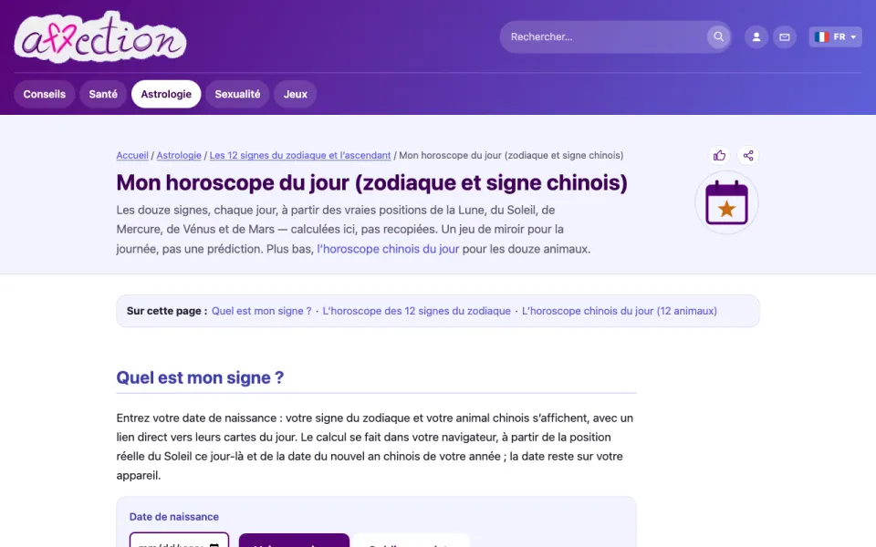 Capture d'écran de l'horoscope du jour d'AffectionPlus