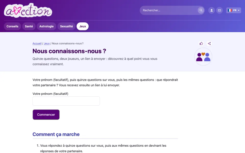 Capture d'écran du jeu à deux « Nous connaissons-nous ? » d'AffectionPlus