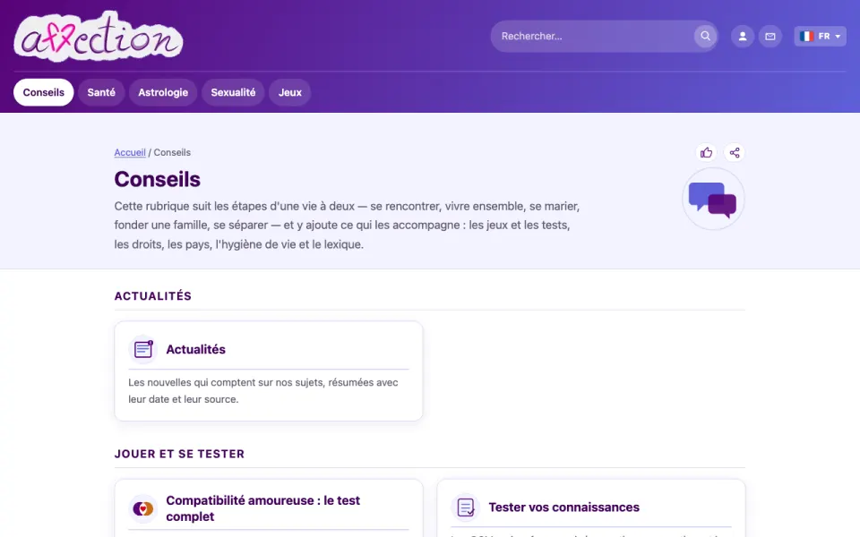 Capture d'écran de la rubrique Conseils d'AffectionPlus