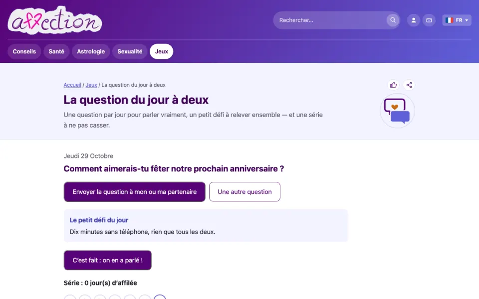 Capture d'écran de la question du jour d'AffectionPlus