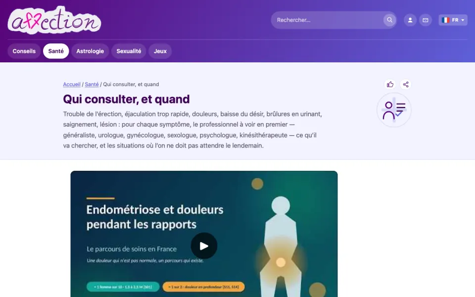 Capture d'écran de l'outil « Qui consulter ? » d'AffectionPlus