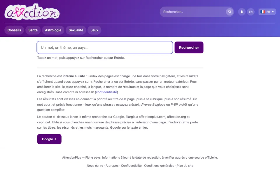 Capture d'écran de la page de recherche d'AffectionPlus