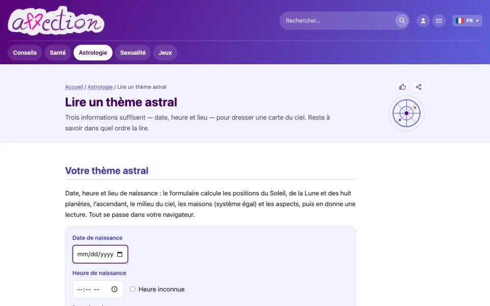 Capture d'écran de l'outil de thème astral d'AffectionPlus