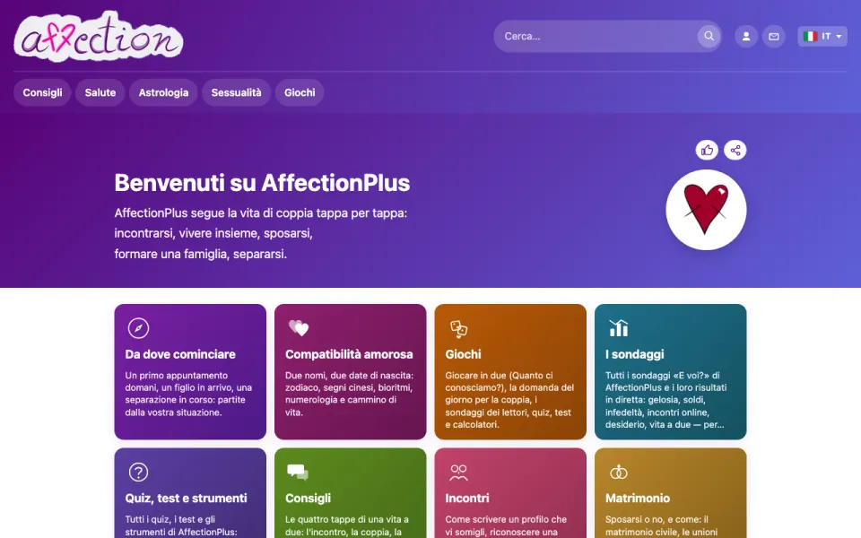 Schermata della home page di AffectionPlus