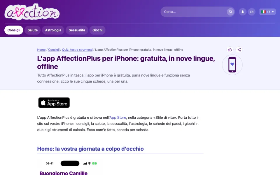 Schermata della pagina dell'app per iPhone di AffectionPlus