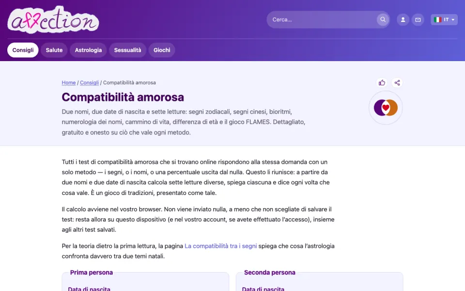 Schermata del test di compatibilità amorosa di AffectionPlus