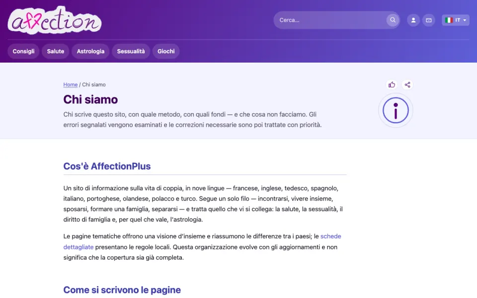 Schermata della pagina Chi siamo di AffectionPlus